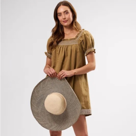 AMOUR VERT Smocked Embroidery Mini Dress Elm Green White Size M Sundress Sun - Picture 12 of 12